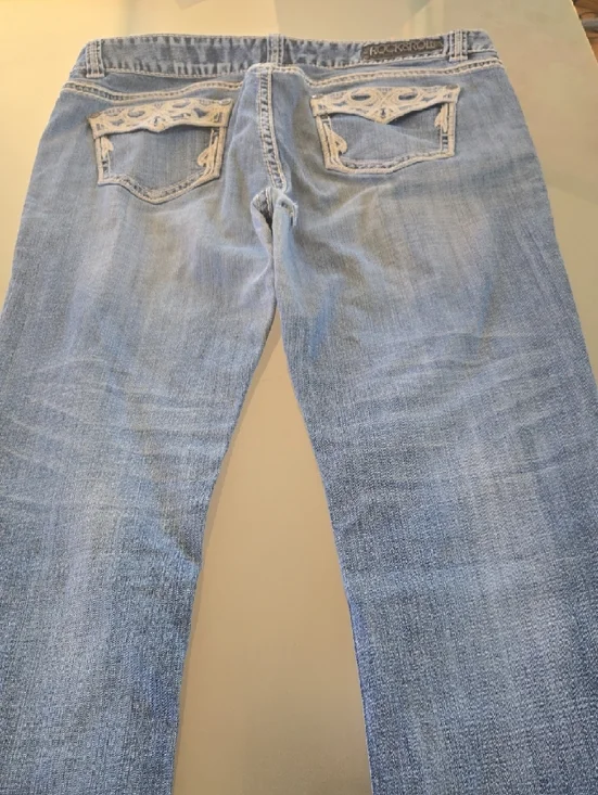 Rock & Roll Denim Light Blue Boot Cut Jeans with Embroidered Pockets - Picture 5 of 16